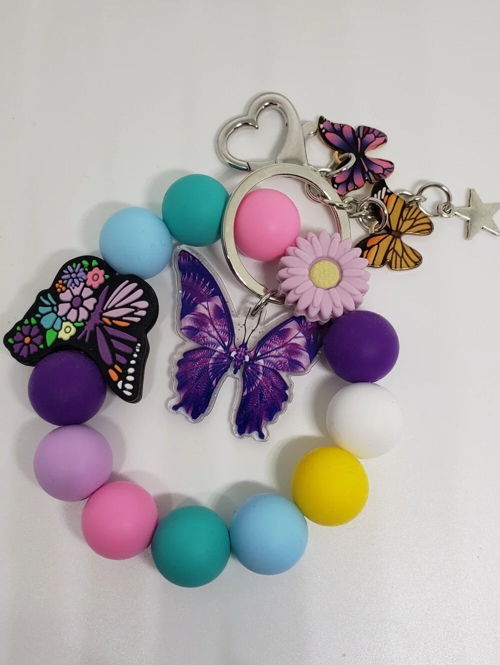 Handmade SiIicone Focal Beaded Pink Purple Flower Butterfly Wristlet Keychain